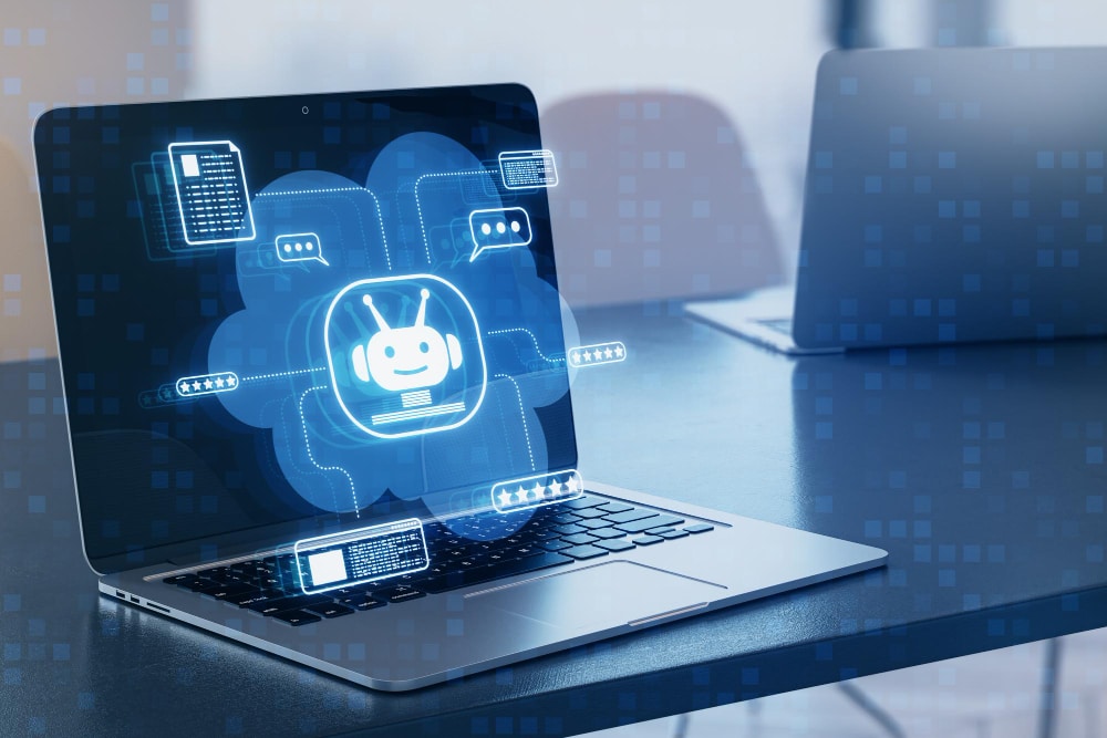 Person working on a laptop displaying AI software tools in a professional setting, representing an AI-trained executive assistant at work