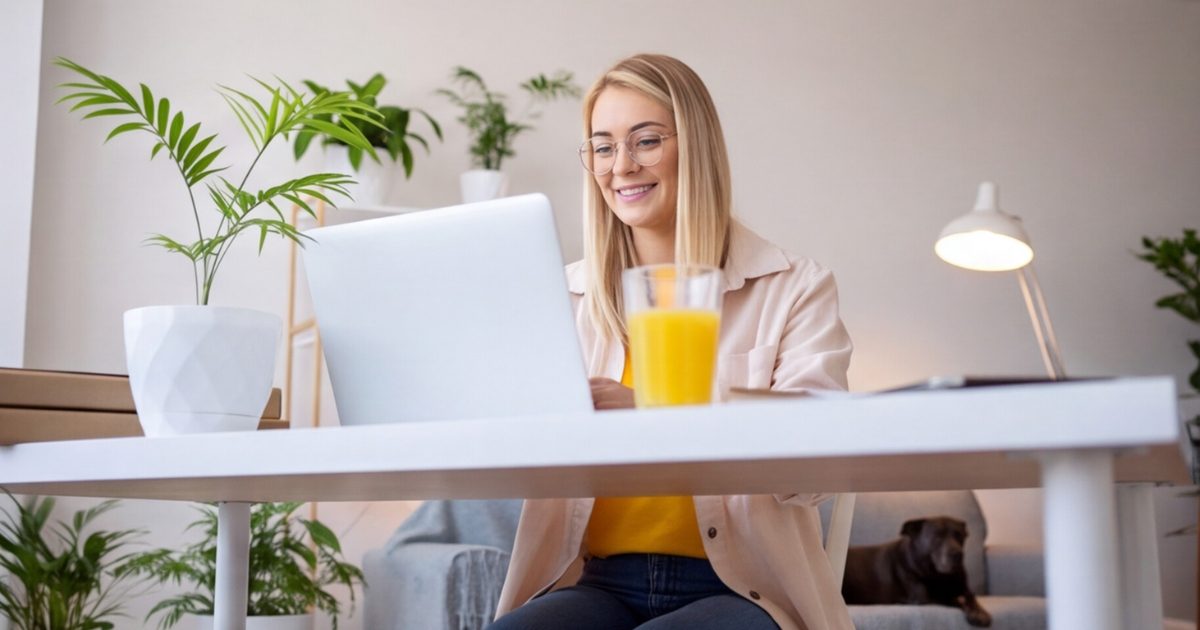 A European executive assistant working remotely on her laptop with a brown dog in the background