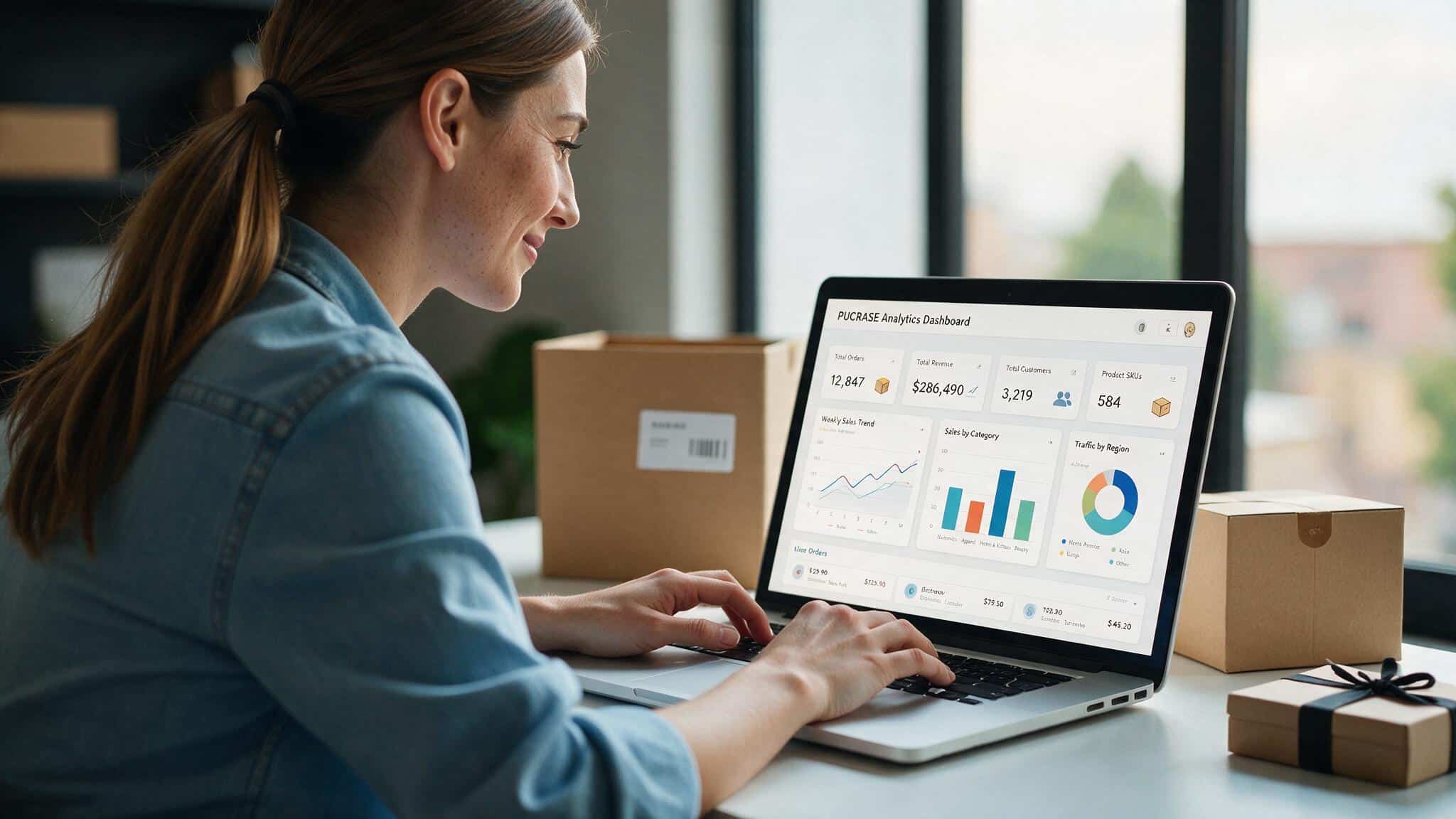 An ecommerce founder managing orders and operations on a laptop in a workspace with packages