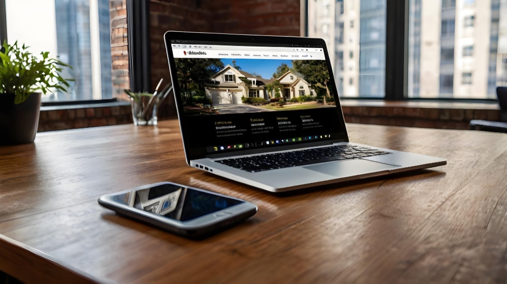 A real estate professional reviewing listings and transaction paperwork on a laptop in a modern office