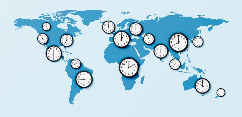 A world map with time zones representing where a remote executive assistant can be based