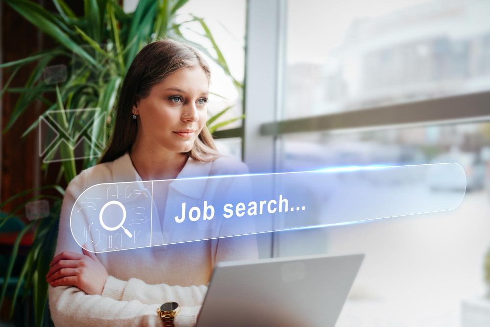 A professional remote Executive Assistant sitting at a well-organized home office desk, focused on a laptop screen while browsing job listings and optimizing a digital resume.