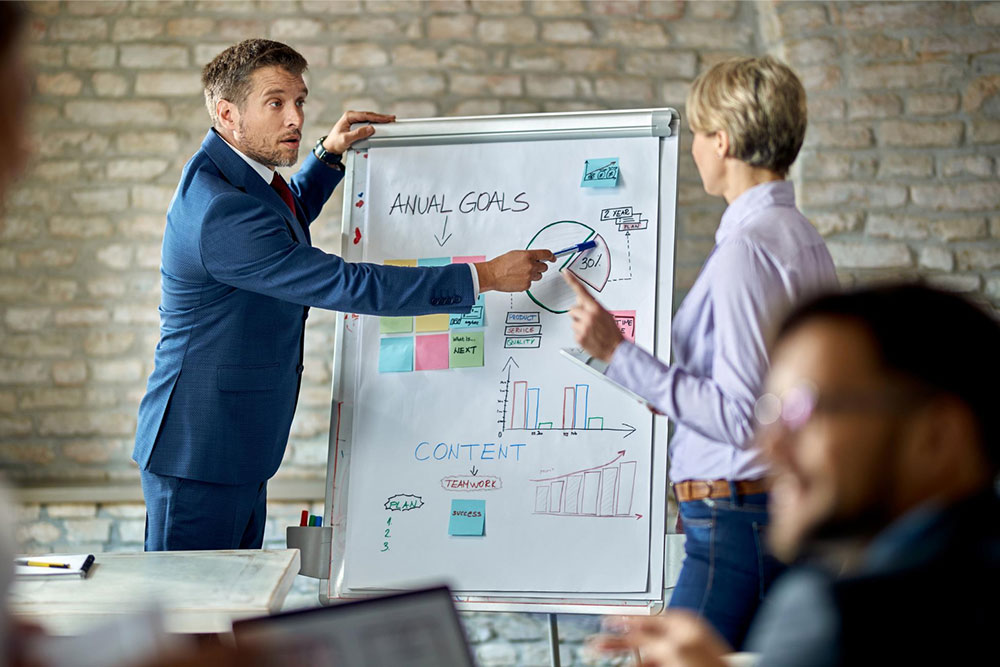 CEO planning delegation strategy on whiteboard