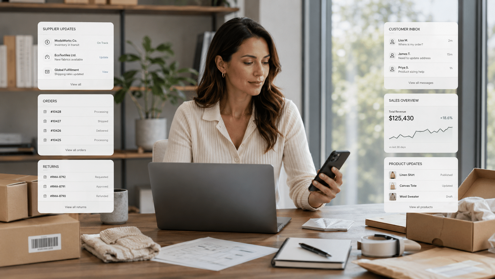 An ecommerce founder managing orders and operations on a laptop in a workspace with packages