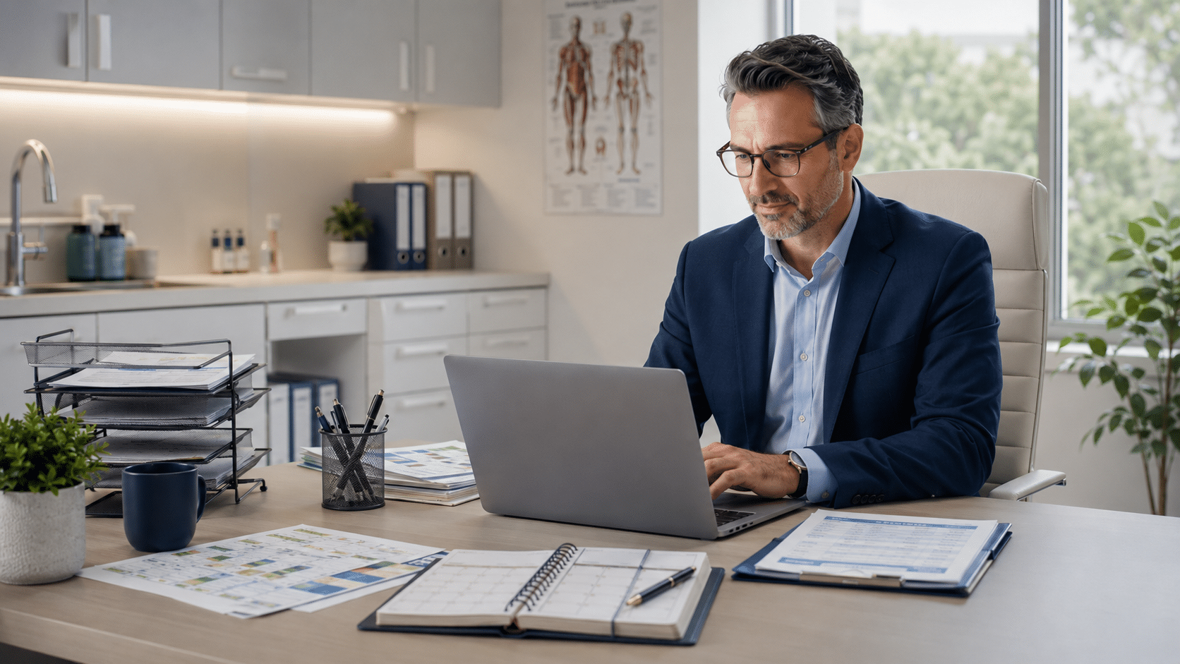 A healthcare practice owner reviewing schedules and administrative work on a laptop in a clinic office
