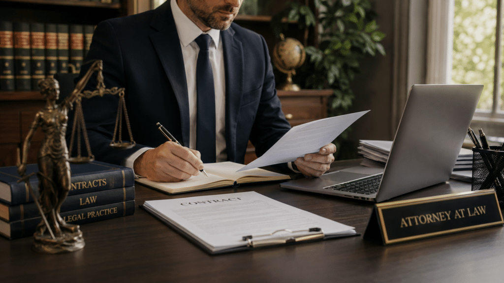 A lawyer working at a desk with legal documents and a laptop in a professional office