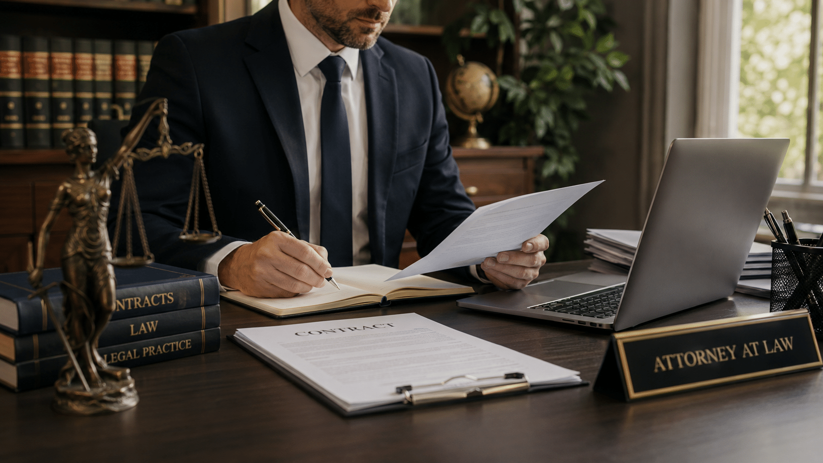 A lawyer working at a desk with legal documents and a laptop in a professional office