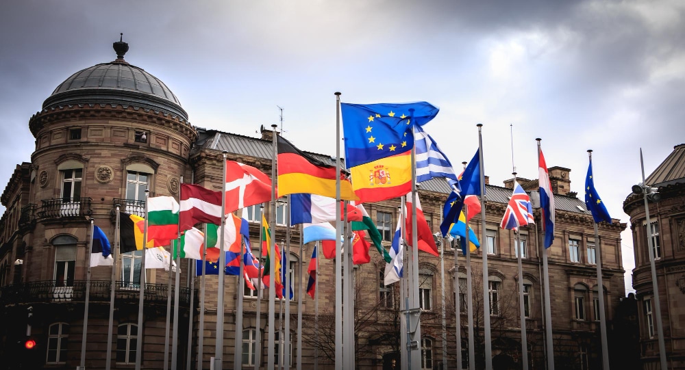 office building with european flags