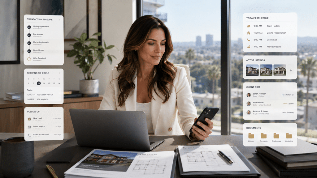 A real estate professional reviewing property listings and paperwork on a laptop in a modern office
